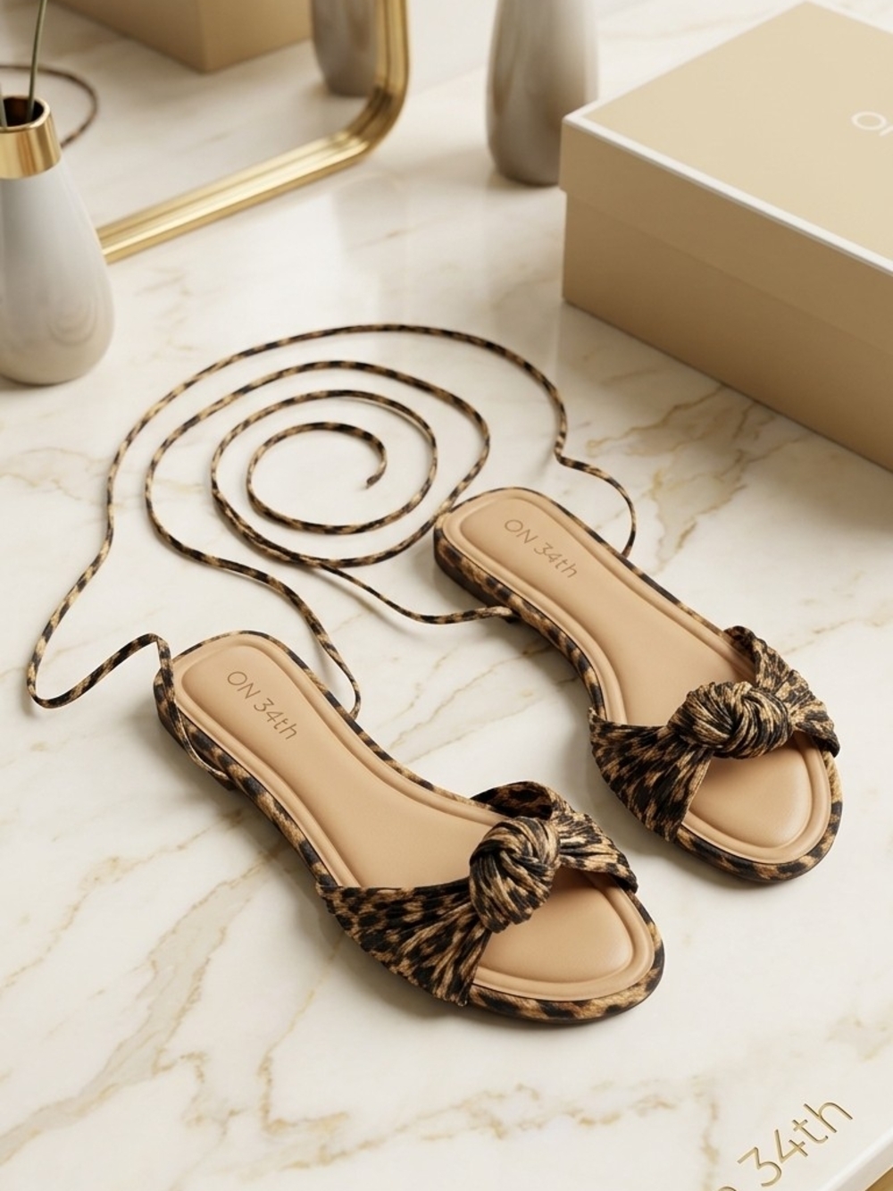 ON 34th Leopard-Print Knot Slide Sandals - Tan/Black